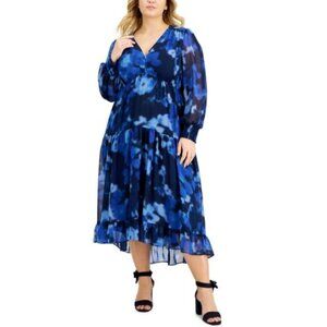 Taylor Plus Size 16 Blue Tie-Dye Long Sleeve Ruffle Hem Midi Dress Tea Coastal